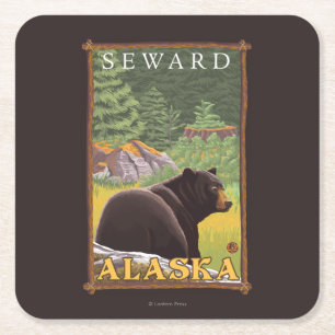 Svart björn i skogen - Seward, Alaska Underlägg Papper Kvadrat