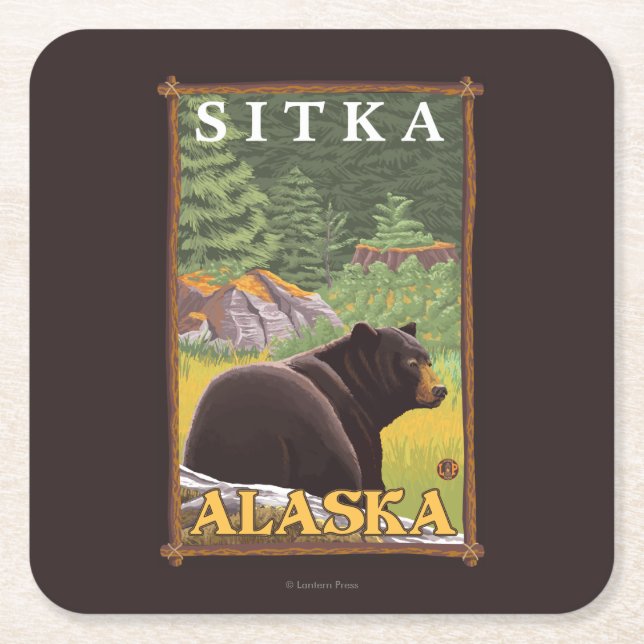Svart björn i skogen - Sitka, Alaska Underlägg Papper Kvadrat (Framsidan)