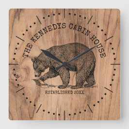 Svart björnfamilj Namn Rustic Wood Cabin House Stor Klocka