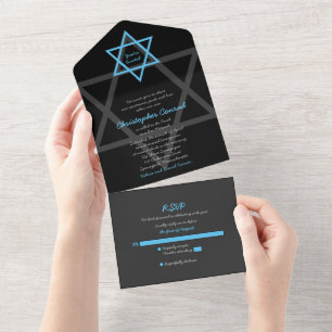 Svart Blå Bar Mitzvah RSVP Allt I En Inbjudan
