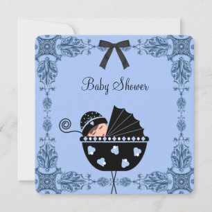 Svart Blå Damask Bebis Pojke Baby Shower Inbjudningar