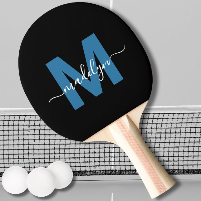 Svart Blå Elegant Skrift Namn Monogram Pingisracket (Black Blue Elegant Script Name Monogram Ping Pong Paddle)