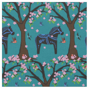 Svart/blå folkdala häst/folkfåglar/blommor 2.7 tyg