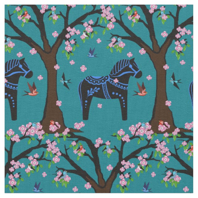 Svart/blå folkdala häst/folkfåglar/blommor 2.7 tyg (Närbild)