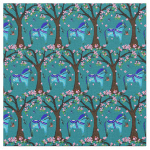 Svart/blå folkdala häst/folkfåglar/blommor tyg