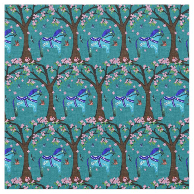 Svart/blå folkdala häst/folkfåglar/blommor tyg (Närbild)