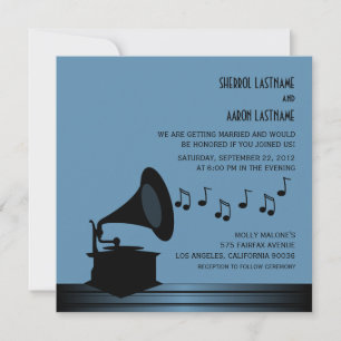 Svart/blå Gramophone-bröllopsinbjudning för Vintag Inbjudningar