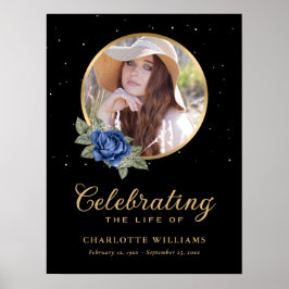 Svart Blå Guld Blommig Begravningsskylt Poster