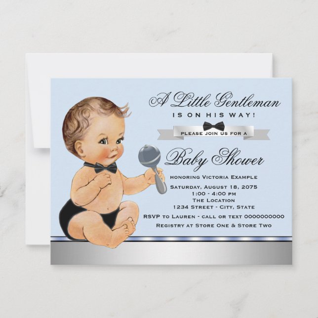 Svart Blå Lille Man Baby Shower Inbjudningar (Framsida)