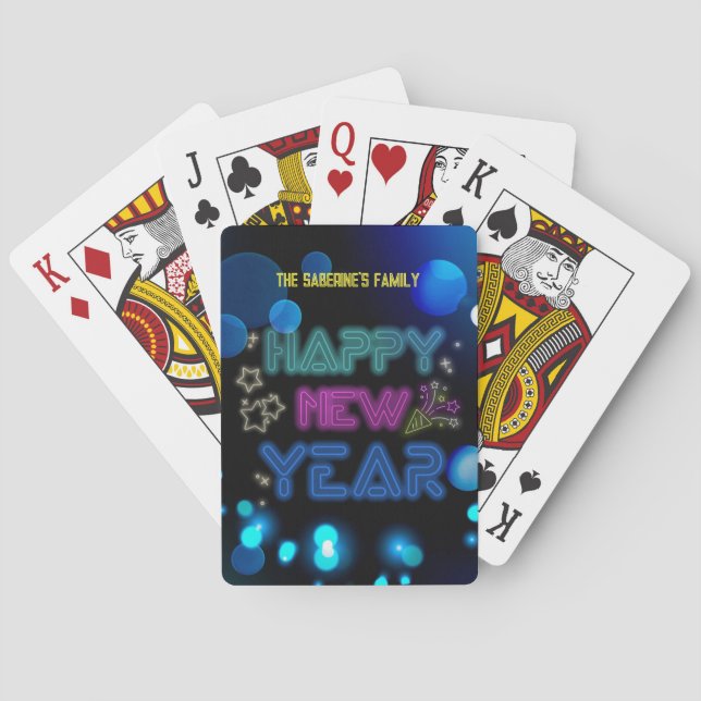 Svart & Blå Midnatt Glöd Neon Nyår  Casinokort (Baksidan)