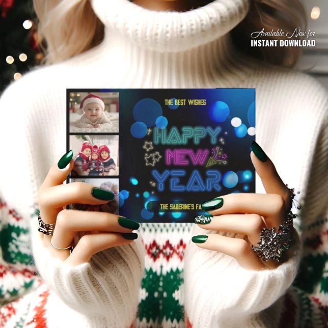 Svart & Blå Midnatt Glöd Neon Nyårsljus Kort (Skapare uppladdad)