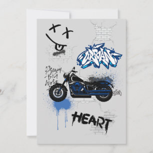 Svart & blå motorcykel graffiti grå inbjudningar