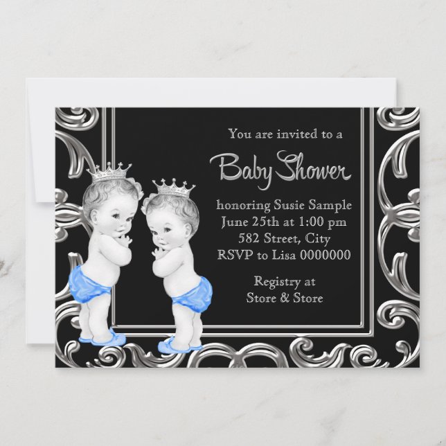 Svart, Blå och Silver Tvilling Pojke Baby Shower Inbjudningar (Framsida)