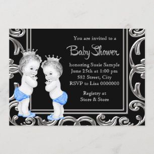 Svart, Blå och Silver Tvilling Pojke Baby Shower Inbjudningar