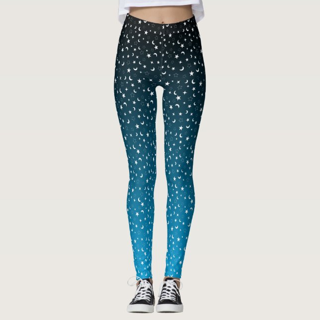 Svart/blå övertoningsstjärnor och Måne-balkar Leggings (Framsida)