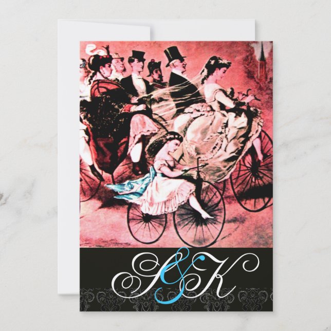 SVART BLÅ RÖD CYKEL BRÖLLLOP DAMASK MONOGRAM INBJUDNINGAR (Framsida)