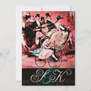 SVART BLÅ RÖD CYKEL BRÖLLLOP DAMASK MONOGRAM INBJUDNINGAR