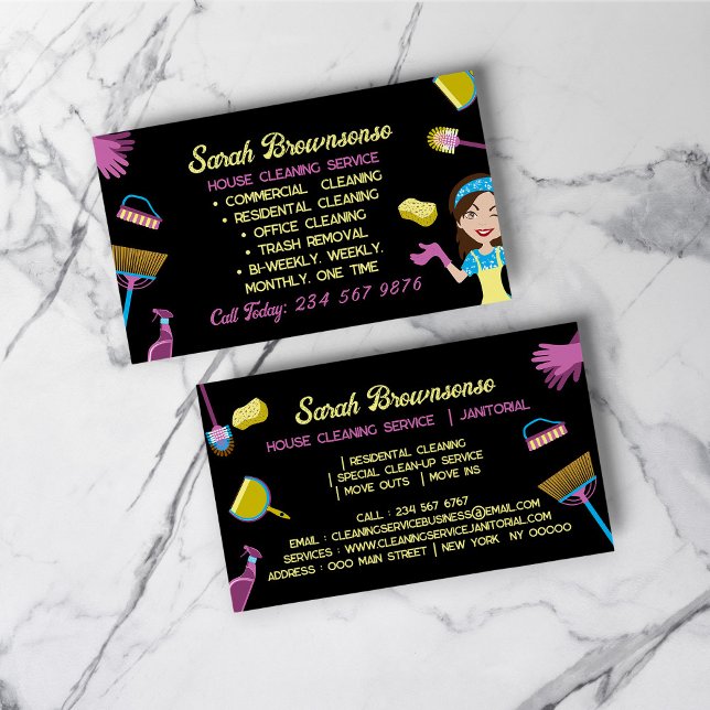 Svart Blå Rosa Hemstädare städning Förvaltningsser Visitkort (Black Blue Pink Housekeeper cleaning Janitorial Business Card)