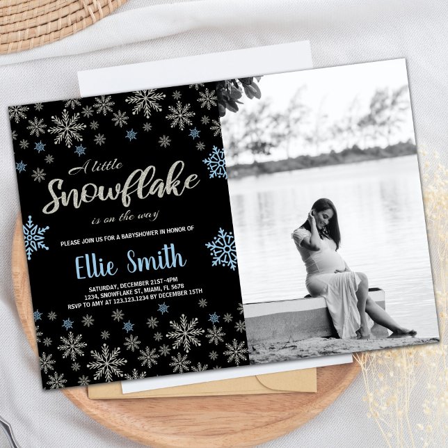 Svart blå vinterbabyinbjudan för babyskor med foto inbjudningar (Black Blue Winter Baby Shower Invitations w photo)