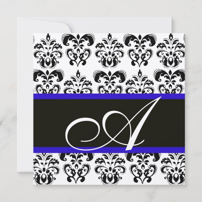 SVART, BLÅ & VIT CHAMPAGNE DAMASK MONOGRAM INBJUDNINGAR (Framsida)
