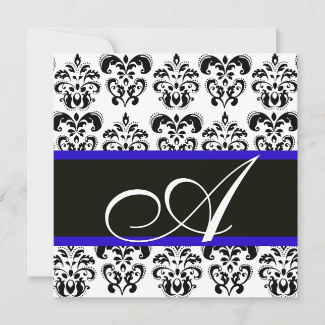 SVART, BLÅ & VIT DAMASK-MONOGRAM INBJUDNINGAR (Framsida)