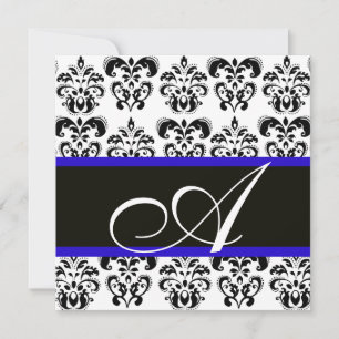SVART, BLÅ & VIT DAMASK-MONOGRAM INBJUDNINGAR