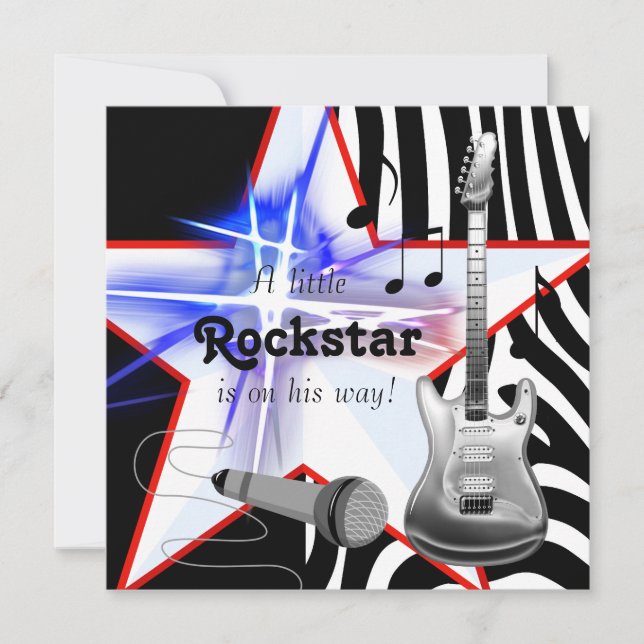 Svart Blå Zebra Rockstar Baby Pojke Dopp Inbjudningar (Framsida)