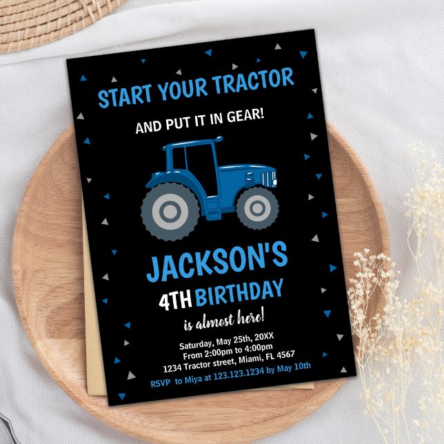 Svart blåa traktorns födelsedagsinbjudan inbjudningar (Black Blue Tractor Birthday Invitations)