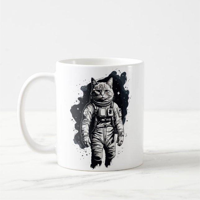 Svart bläck astronaut katt design kaffemugg (Vänster)