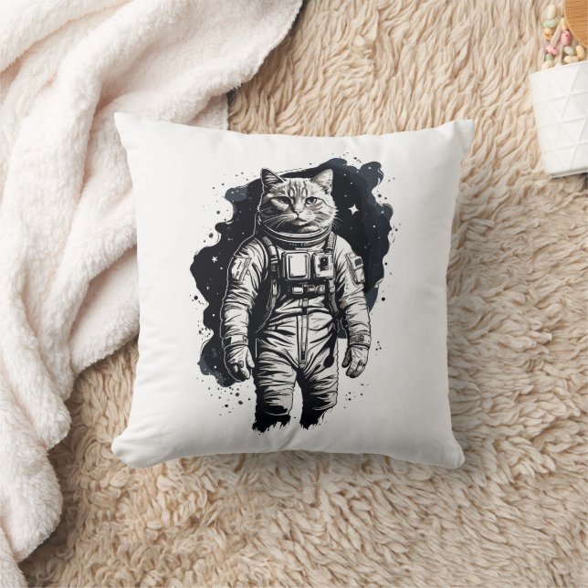 Svart bläck Astronaut Katt Design Kudde (Filt)