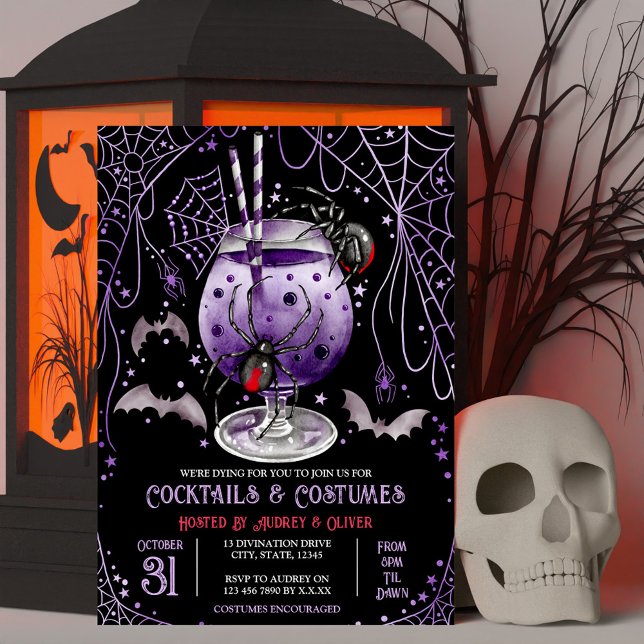 Svart bläckfisk av arten Cocktails och Costumes Ha Inbjudningar (Cocktails and Costumes Halloween Black Widow Invitation)