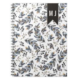 Svart blad Bär Mönster Monogram | Anteckningsbok Med Spiral