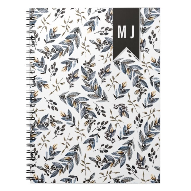 Svart blad Bär Mönster Monogram | Anteckningsbok Med Spiral (Framsidan)