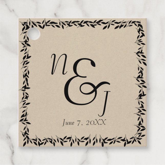 Svart blad botanisk rustik modern kraft bröllop gåvor etiketter (Framsida)