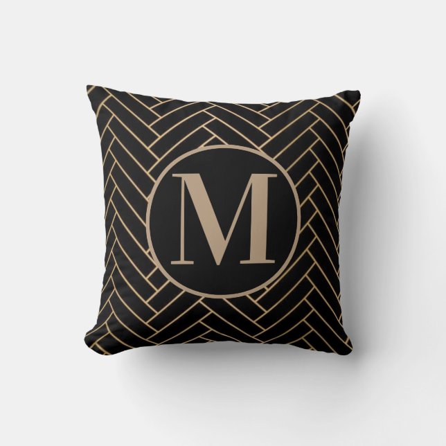 Svart, Bläddra och Guld Elegant Monogram Kudde (Framsida)