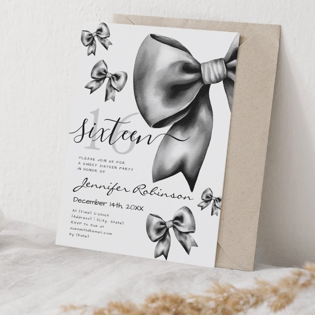 Svart bladig kokablett 16 inbjudningar (Cute Coquette Black Bow Sweet 16 Invitation)