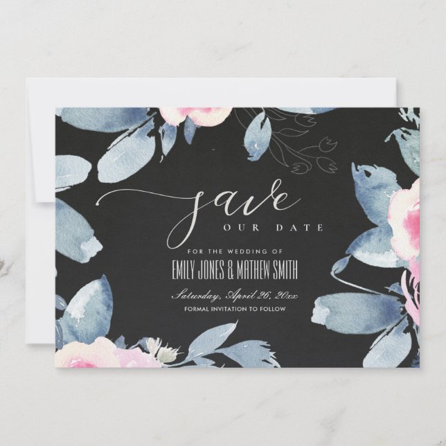 SVART  BLÅS BLOMMIGT VATTENFÄRG RAM SPARA DATUMET (Framsida)