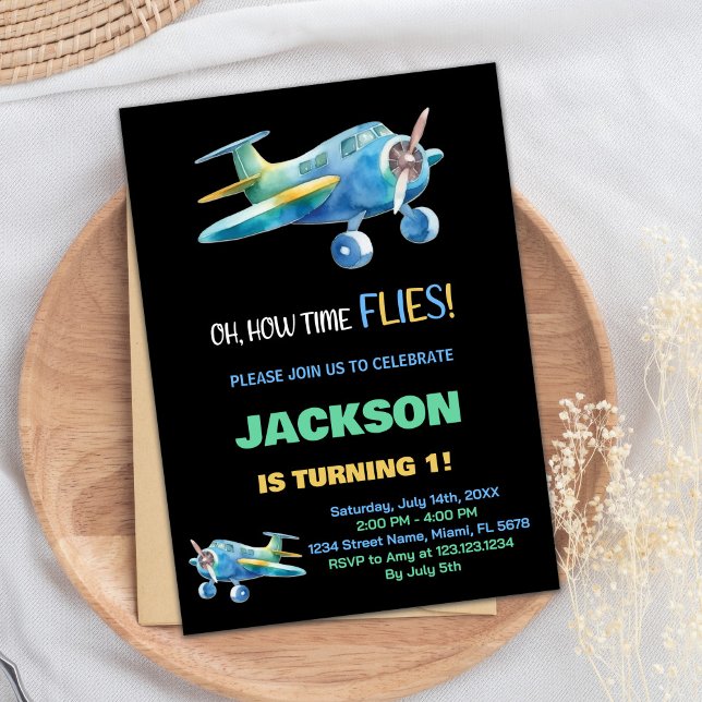 Svart blått Grönt Flygplanets födelsedagsinbjudnin Inbjudningar (Black Blue Green Airplane Birthday Invitations)