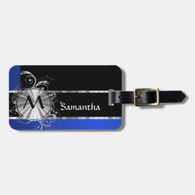 Svart blått och silvermonogram bagagebricka (Horisontell Framsida)