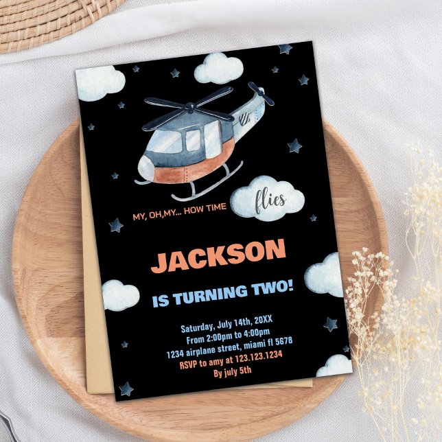 Svart blocket Helicopter Birthday-inbjudningar Inbjudningar (Helicopter Birthday Invitations Black BK)