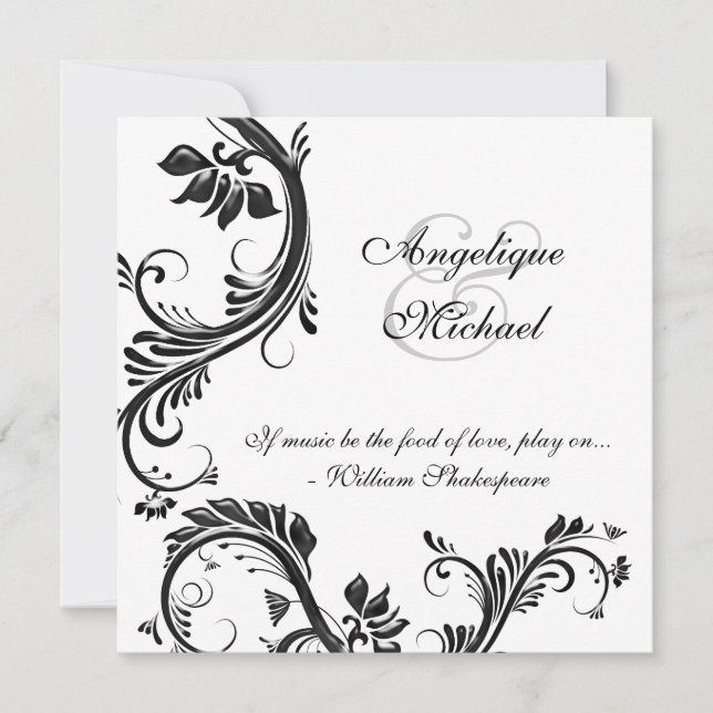 Svart blom- bröllopsdagförlovning inbjudningar (Framsida)