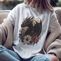 Svart blom-fantasy T-shirt med drakmotiv