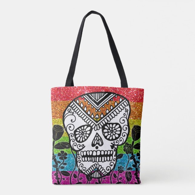 Svart blomma av HBT Rainbow Glitter Sugar Skull Tygkasse (Baksida)