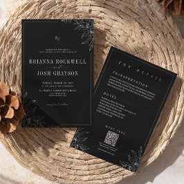 Svart Blomma Rustik Elegant Monogram QR Bröllop Inbjudningar