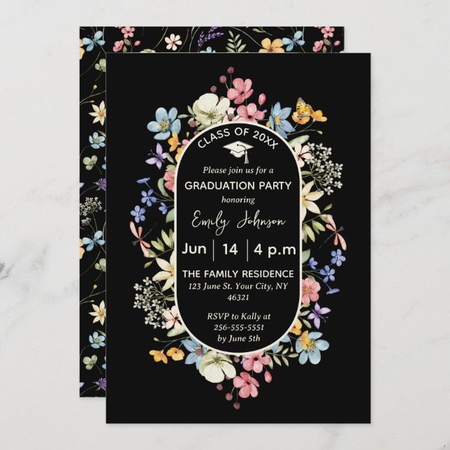 Svart Blommig 1 Foto Examen Inbjudan Invit (Fram/baksida)