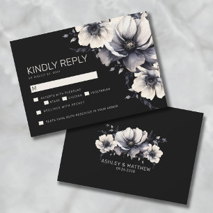 Svart Blommig Bröllops RSVP Anteckningskort