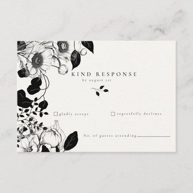 Svart Blommig Bröllops-RSVP-Kort Tilläggskort (Framsida)