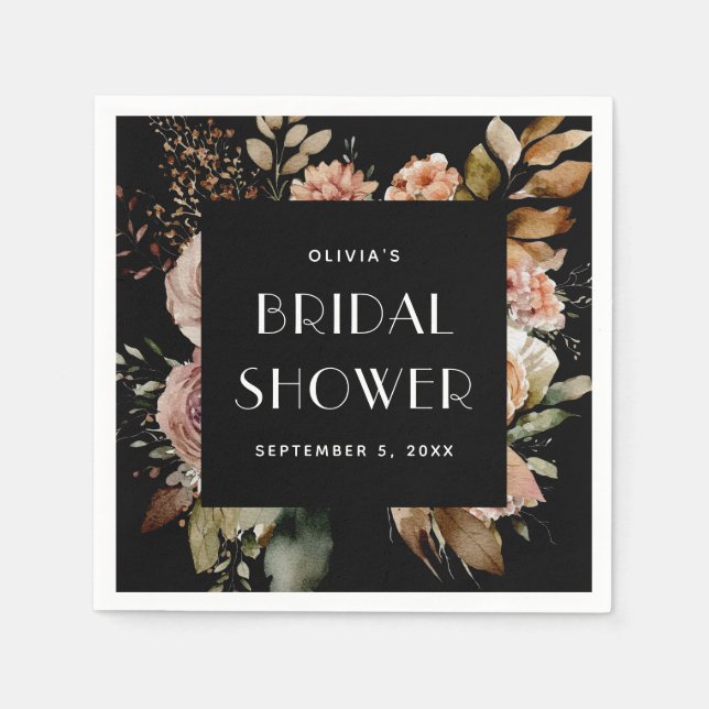 Svart Blommig Bröllopsdusch | Boho Chic Elegant Pappersservett (Framsidan)