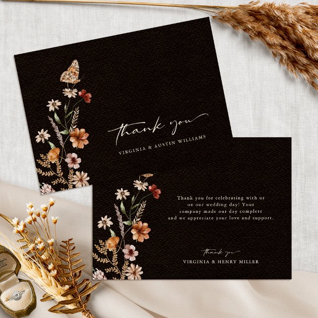 Svart Blommig Bröllopstackningskort Tack Kort (Black Floral Wedding Thank You Card with Butterfly by Painted Paperie
)