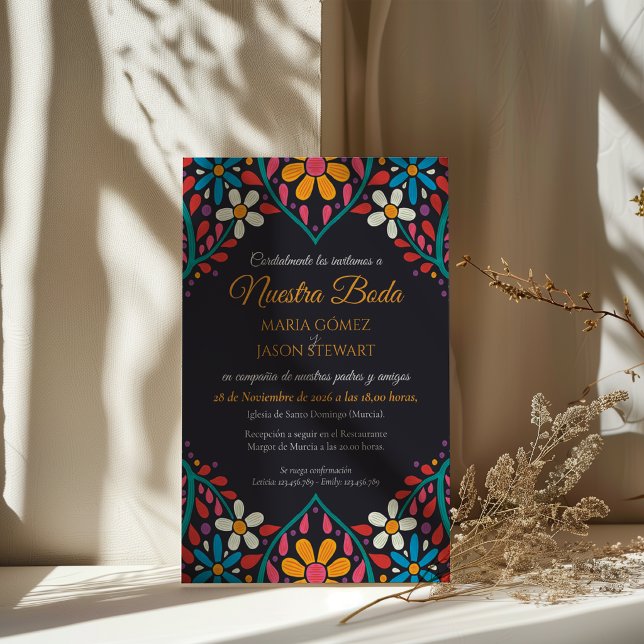 Svart Blommig Färgrik Blommor Boda Spansk Bröllop Inbjudningar (Black Floral Colorful Flowers Boda Spanish Wedding Invitation)